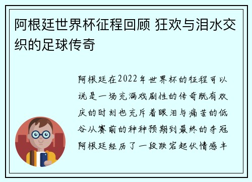 阿根廷世界杯征程回顾 狂欢与泪水交织的足球传奇